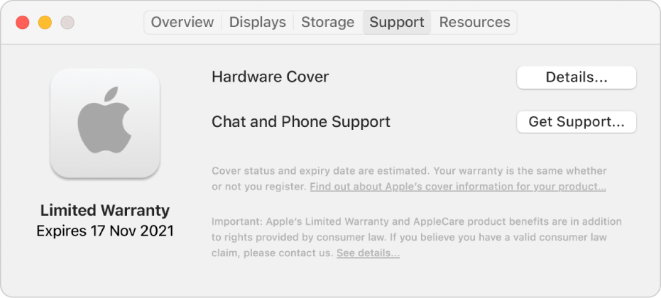 The Support pane in System Information. The pane shows the Mac is covered under a limited warranty and the expiry date. The Details and Get Support buttons are on the right.