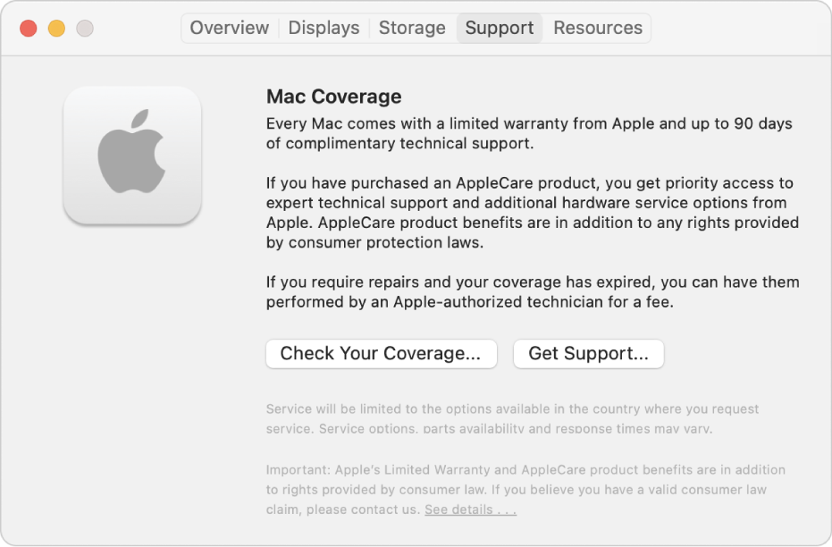 The Support pane in System Information. The pane shows information about Mac technical support coverage. The Check Your Coverage and Get Support buttons are near the bottom.