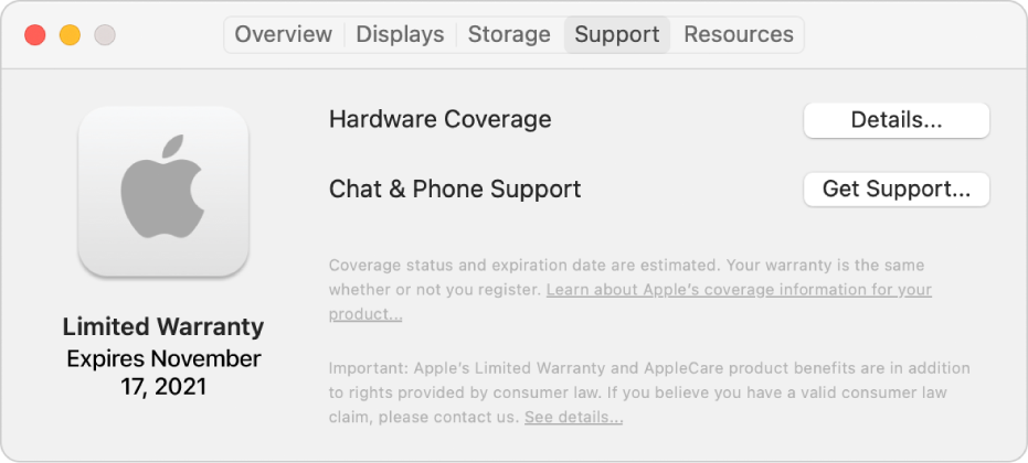 The Support pane in System Information. The pane shows the Mac is covered under a limited warranty and the expiration date. The Details and Get Support buttons are on the right.