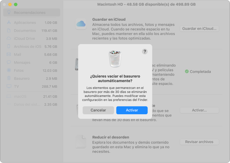 El cuadro de diálogo "¿Seguro que quieres vaciar el basurero automáticamente?" en la ventana Recomendaciones de almacenamiento.