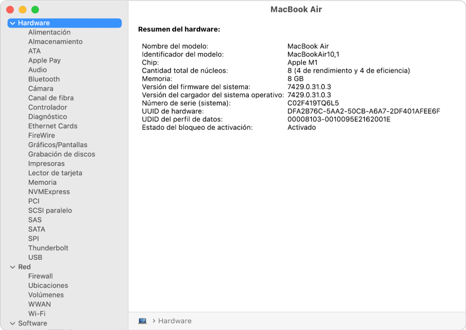 La sección de especificaciones de hardware de un reporte del sistema.