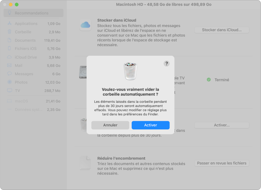 Zone de dialogue Voulez-vous vraiment vider la corbeille automatiquement dans la fenêtre Recommandations de stockage.