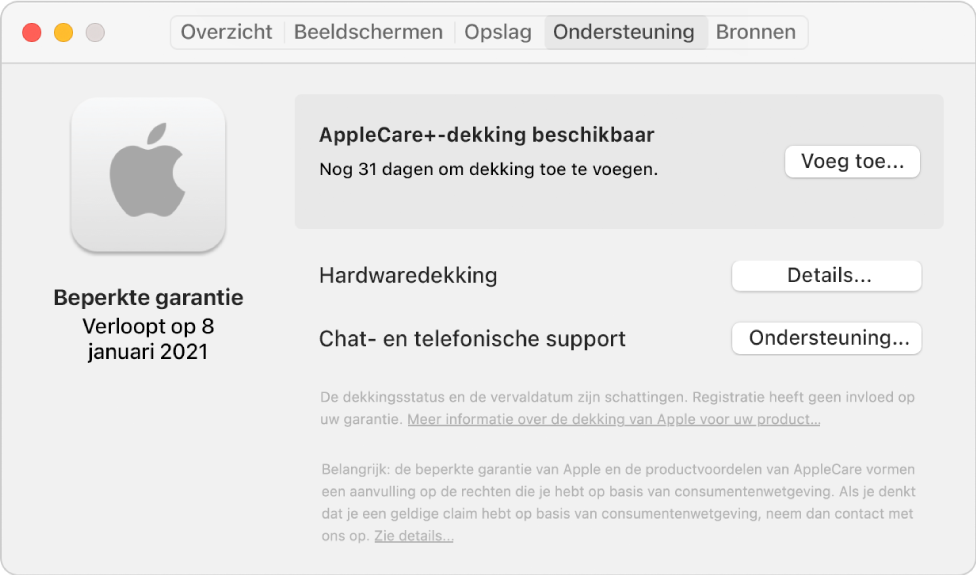 Het paneel 'Ondersteuning' in Systeeminformatie. Er wordt aangegeven dat de Mac onder de beperkte garantie valt en in aanmerking komt voor AppleCare+. Rechts staan de knoppen 'Voeg toe', 'Details' en 'Ondersteuning'.