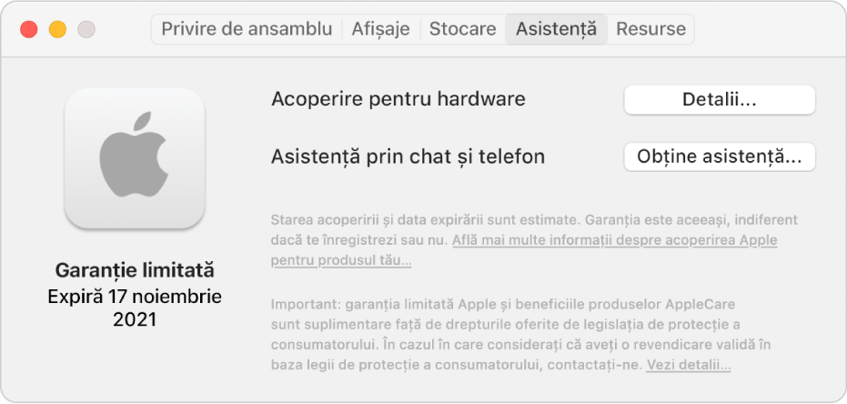 Panoul Asistență în Informații sistem. Panoul arată că Mac‑ul este acoperit de o garanție limitată și data expirării. Butoanele Detalii și Obține asistență se află în partea dreaptă.