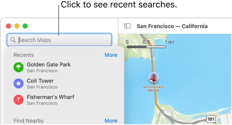 The search field in the upper left, with several recent searches shown below.