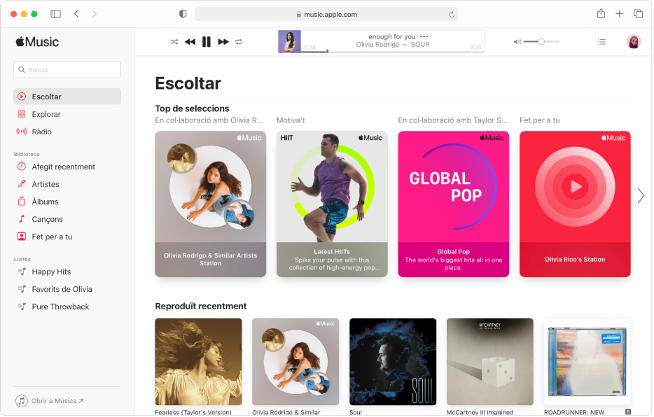 Finestra de l’Apple Music al Safari amb la secció “Escoltar ara”.