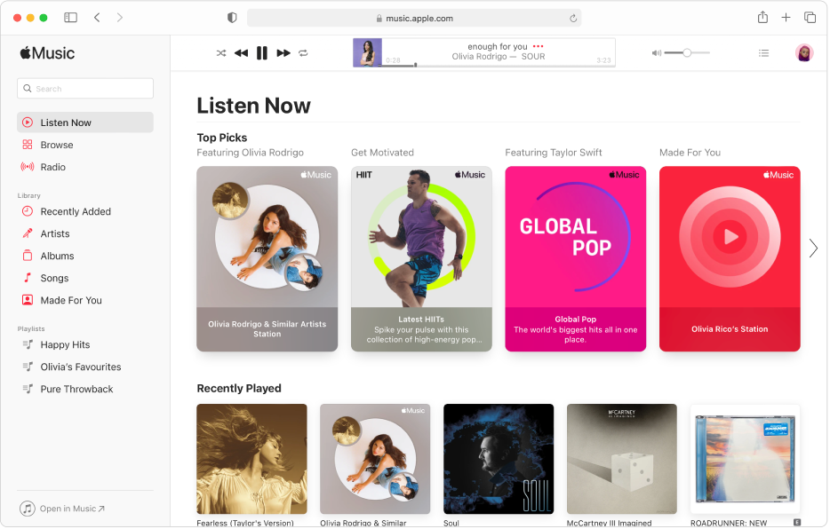 The Apple Music window in Safari showing Listen Now.