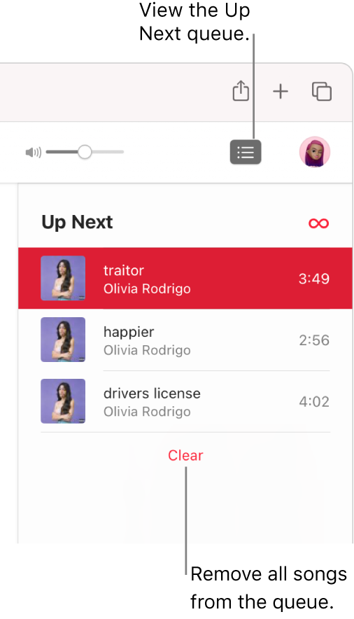 The Up Next button at the top-right corner of Apple Music is selected and the queue is visible. Click the Clear link at the bottom of the list to remove all songs from the queue.