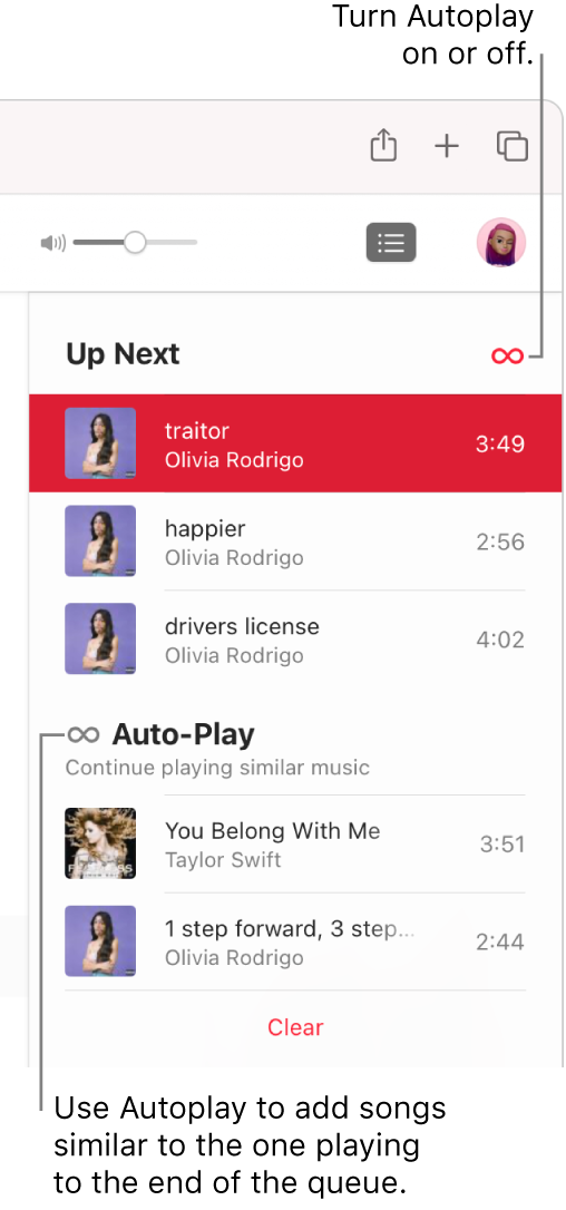 The Up Next queue. Click the Autoplay button to turn it on or off. When Autoplay is on, similar songs are added to the end of the queue.