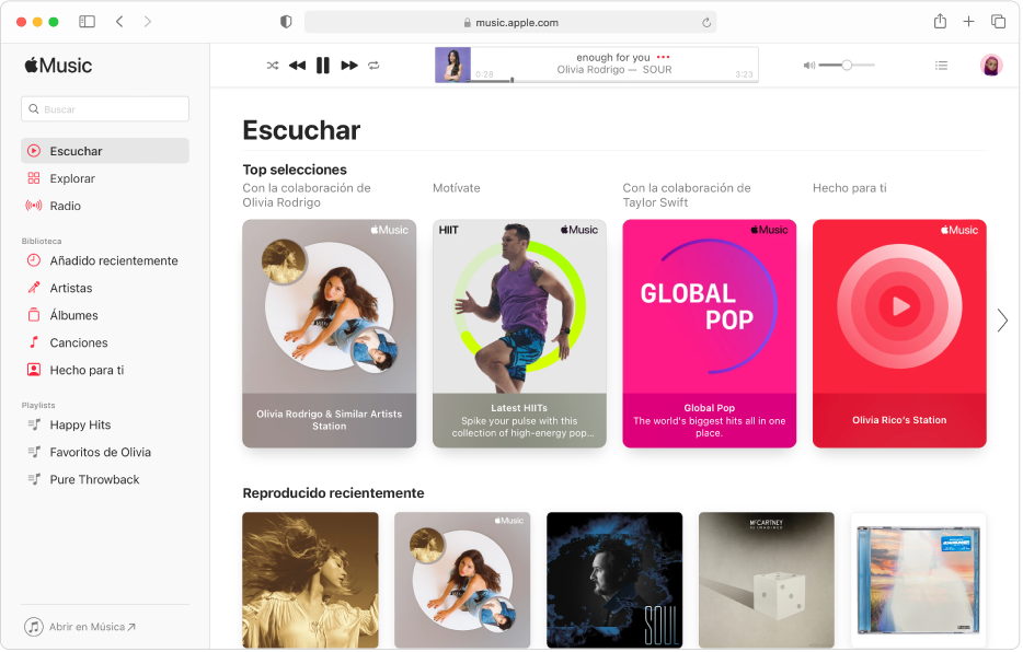 La ventana de Apple Music en Safari donde se muestra Escuchar.