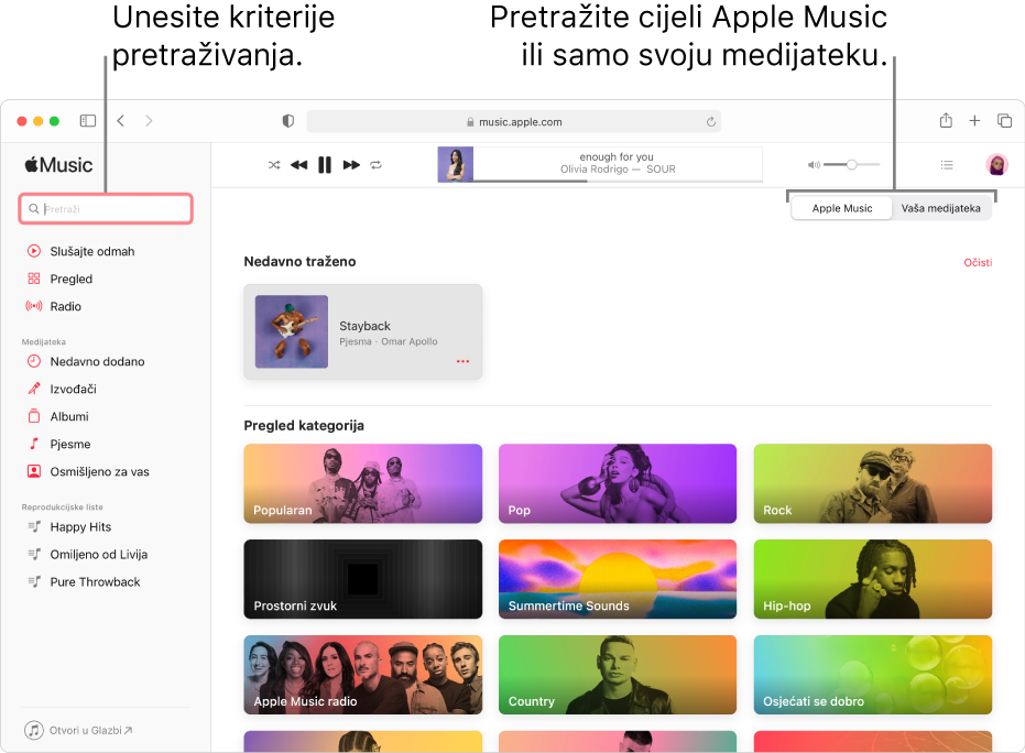 Prozor Apple Musica s poljem za pretraživanje u gornjem lijevom uglu, popisom kategorija u sredini prozora i Apple Musicom ili vašom medijatekom u gornjem desnom uglu. Unesite kriterije pretraživanja u polje za pretraživanje, zatim odaberite želite li pretražiti cijeli Apple Music ili samo svoju medijateku.