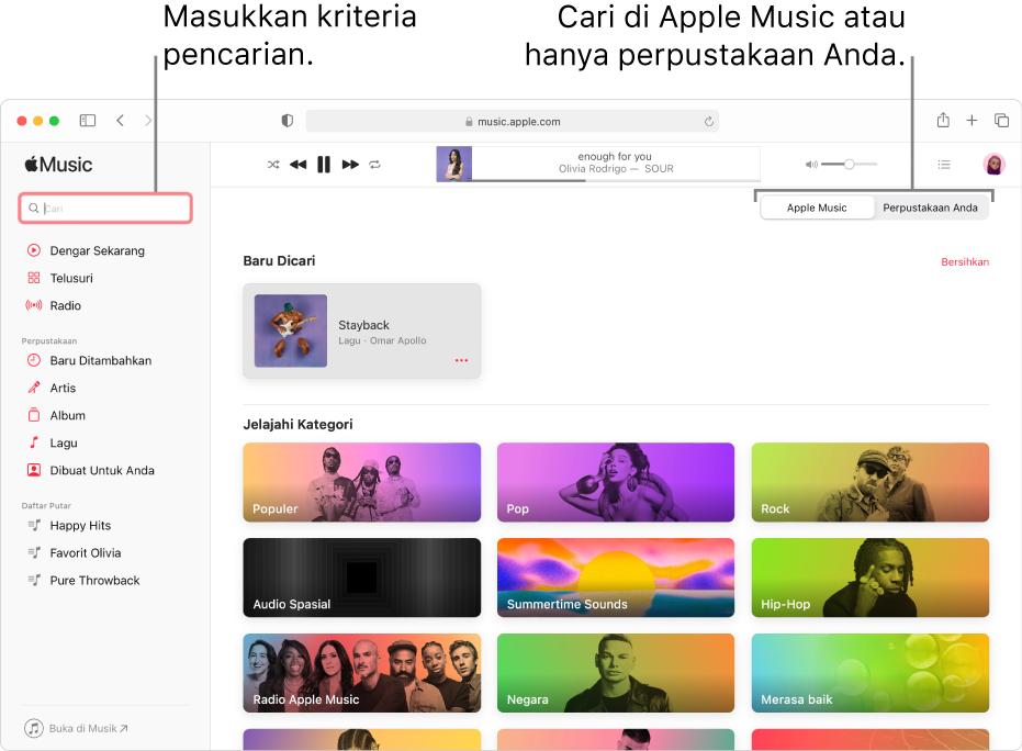 Jendela Apple Music menampilkan bidang pencarian di pojok kiri atas, daftar kategori di tengah jendela, dan Apple Music atau Perpustakaan Anda tersedia di pojok kanan atas. Masukkan kriteria pencarian di bidang pencarian, lalu pilih untuk mencari di Apple Music atau hanya di perpustakaan Anda.