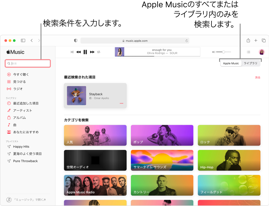 Apple Musicウインドウ。左上隅に検索フィールド、ウインドウの中央にカテゴリのリスト、右上隅に「Apple Music」または「ライブラリ」が表示されています。検索フィールドに検索条件を入力してから、Apple Music全体から検索するか、ライブラリのみから検索するかを選びます。