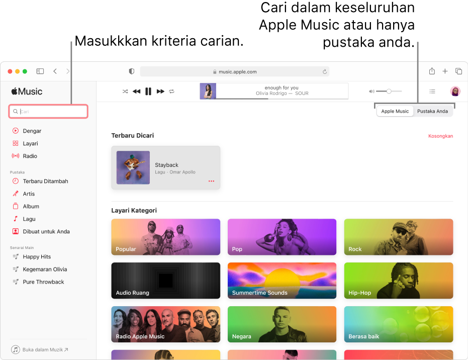 Tetingkap Apple Music menunjukkan medan carian di penjuru kiri atas, senarai kategori di bahagian tengah tetingkap dan Apple Music atau Pustaka Anda tersedia di penjuru kanan atas. Masukkan kriteria carian dalam medan carian, kemudian pilih untuk mencari semua daripada Apple Music atau pustaka anda sahaja.