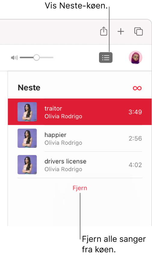 Neste-knappen øverst til høyre i Apple Music er markert og Neste-køen er synlig. Klikk på Fjern-lenken nederst i listen for å fjerne alle sanger fra køen.