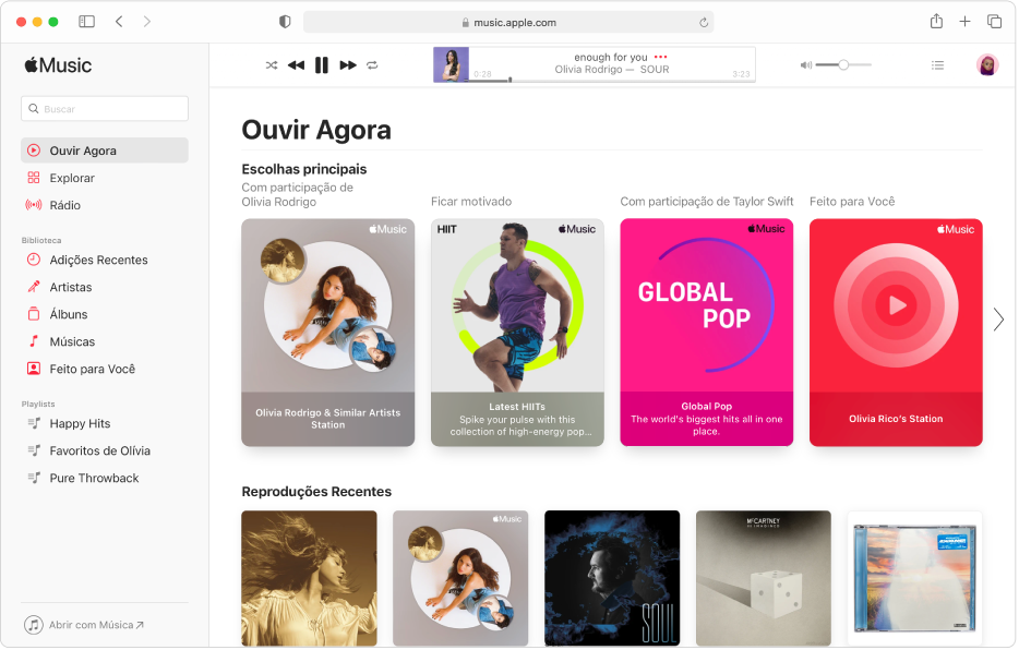 Janela do Apple Music no Safari mostrando Ouvir Agora.