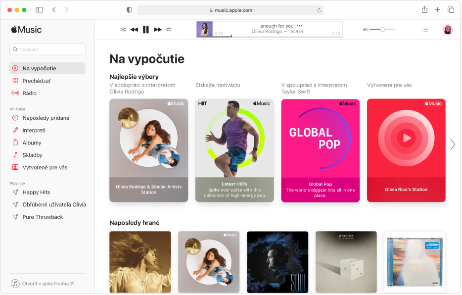 Okno Apple Music v Safari zobrazujúce položku Na vypočutie.