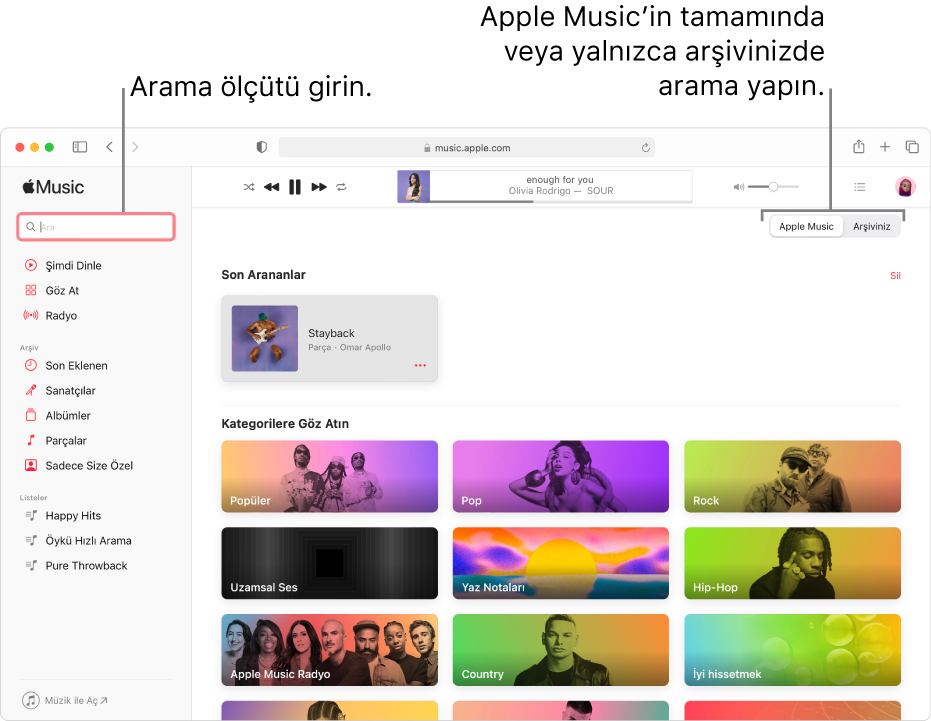 Sol üst köşede arama alanını, pencerenin ortasında kategori listesini ve sağ üst köşede Apple Music veya Arşiviniz seçeneklerini gösteren Apple Music penceresi. Arama alanına arama ölçütünü girin, sonra Apple Music’in tamamında veya yalnızca arşivinizde arama yapmayı seçin.