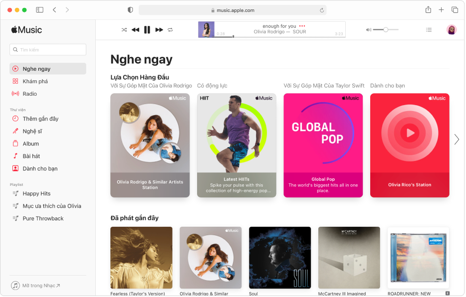 Cửa sổ Apple Music trong Safari đang hiển thị Nghe ngay.