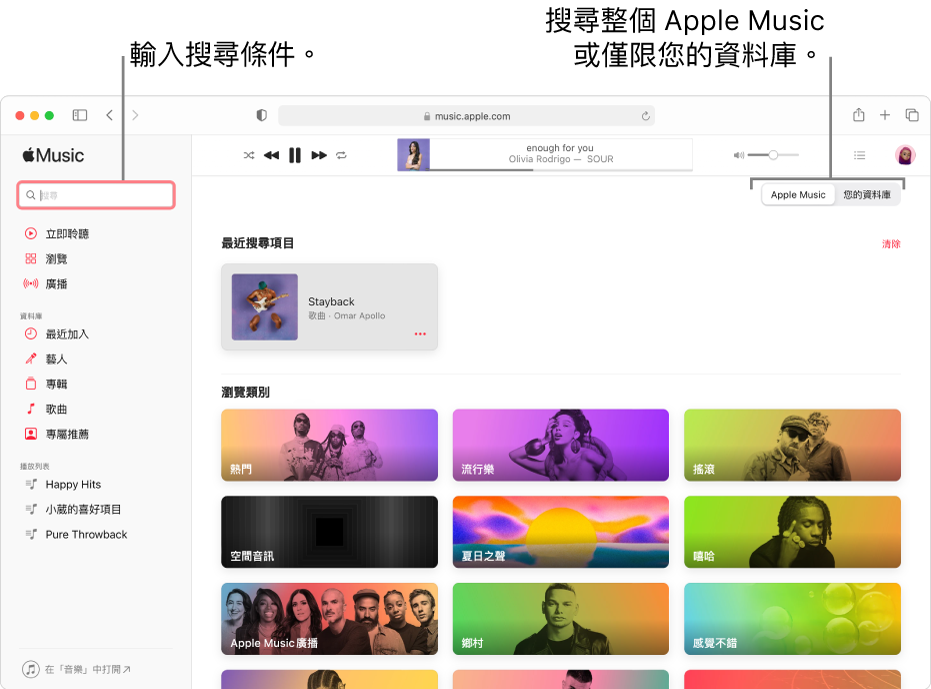 Apple Music 視窗在左上角顯示搜尋欄位，視窗中央為類別列表，右上角則為 Apple Music 或「您的資料庫」可供使用。在搜尋欄位中輸入搜尋條件，然後選擇搜尋整個 Apple Music 或只搜尋您的資料庫。
