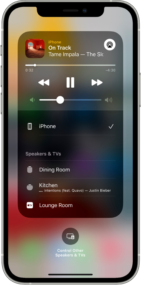 On an iPhone’s screen, a song is playing and a list of devices and speakers is showing. iPhone is selected and HomePod is an option below.