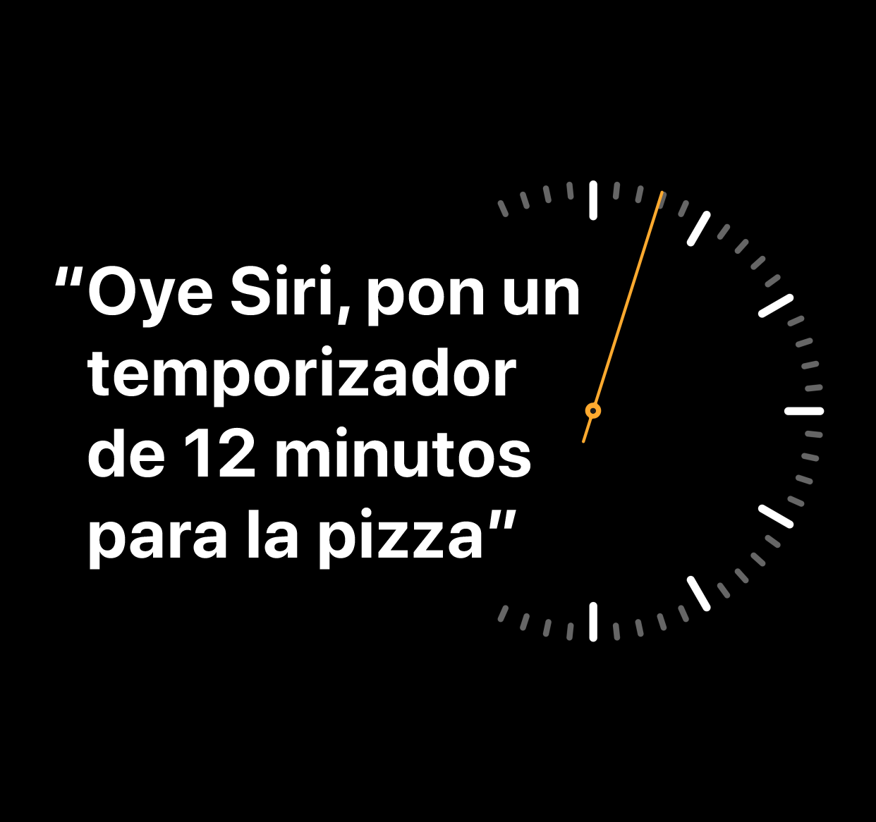 Una ilustración que muestra las palabras "Oye Siri, pon un temporizador de 12 minutos para la pizza"