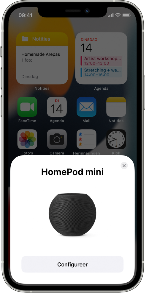 Het configuratiescherm verschijnt wanneer je je iOS- of iPadOS-apparaat bij de HomePod houdt.