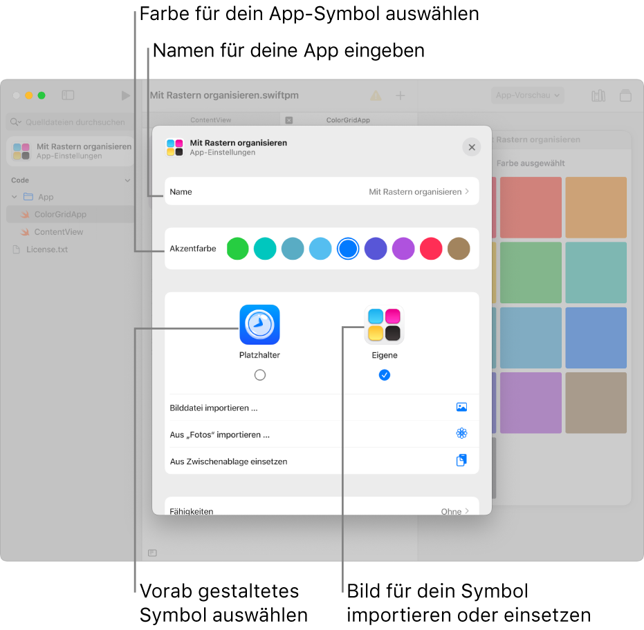 Das Fenster „App-Einstellungen“ mit einem Feld für den App-Namen, Farboptionen sowie Optionen zum Auswählen des Mediums, das für das App-Symbol verwendet werden soll.
