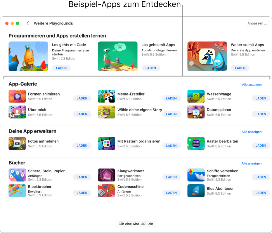 Das Fenster „Weitere Playgrounds“ mit dem Abschnitt „App-Galerie“ und Beispiel-Apps, die du laden und ausprobieren kannst.