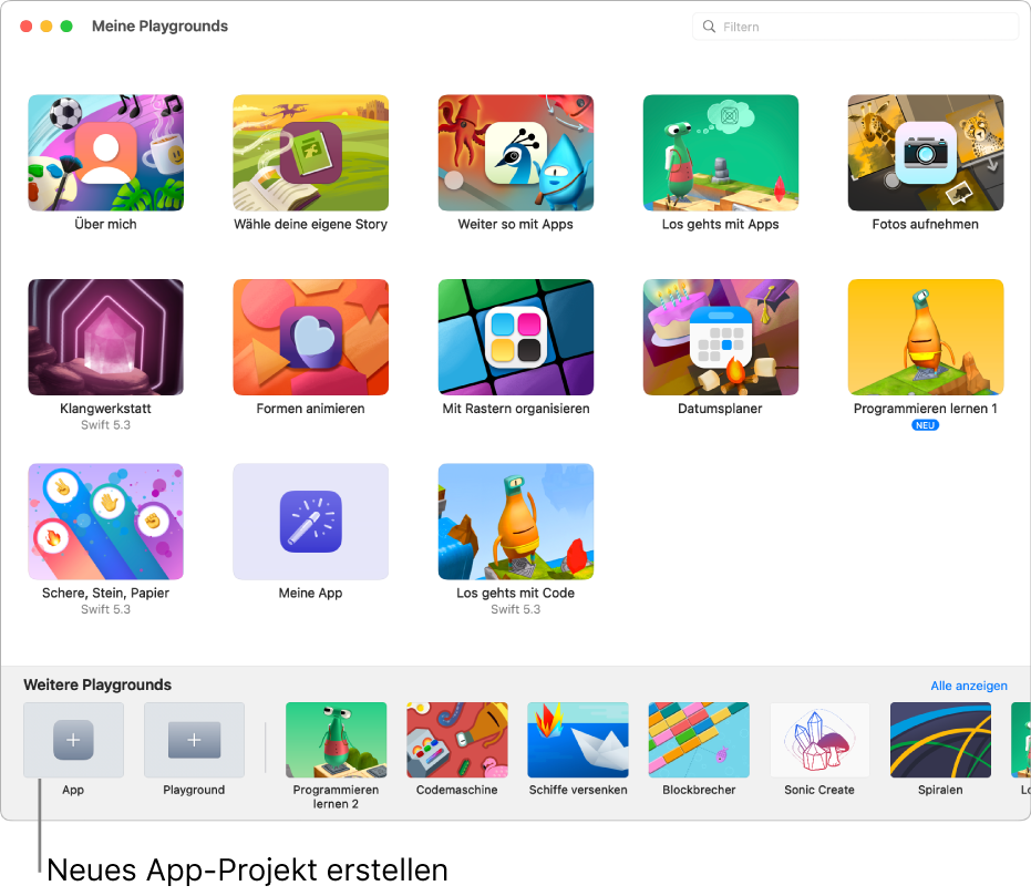 Das Fenster „Meine Playgrounds“. Links unten befindet sich die Taste „App“, mit der eine neue App erstellt werden kann.