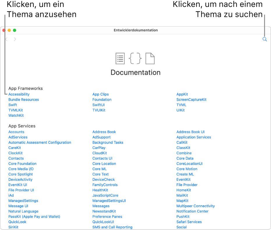 Eine Playground-Seite und rechts das geöffnete Inhaltsverzeichnis der Entwicklerdokumentation. Sie enthält das Symbol „Suchen“ und die Liste der Themen, die du durch Klicken anzeigen und lesen kannst.