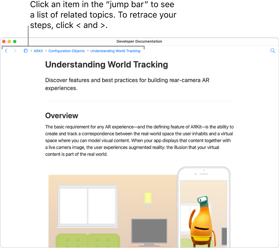 A page from an article about ARKit from the Apple Developer website. At the top of the page is the “jump bar,” showing your steps through the documentation. Click an element in the bar to get a list of related topics you can quickly jump to.
