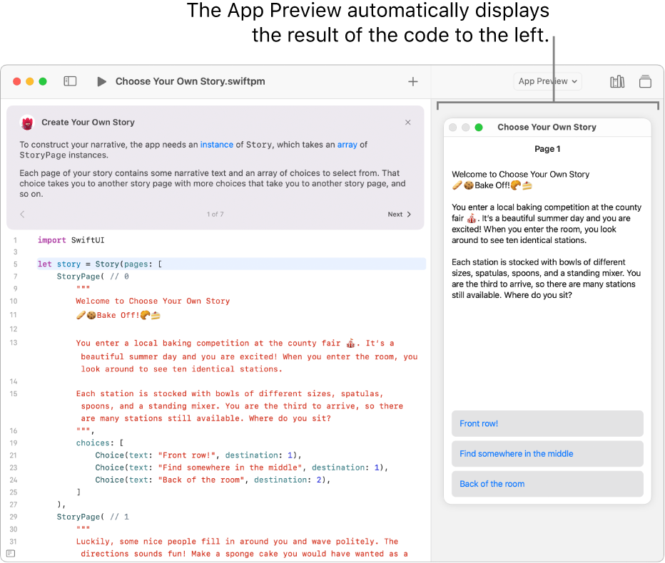 A story writing app, showing sample code on the left and the result of the code in the App Preview on the right. Above the coding area is a brief description of the app.