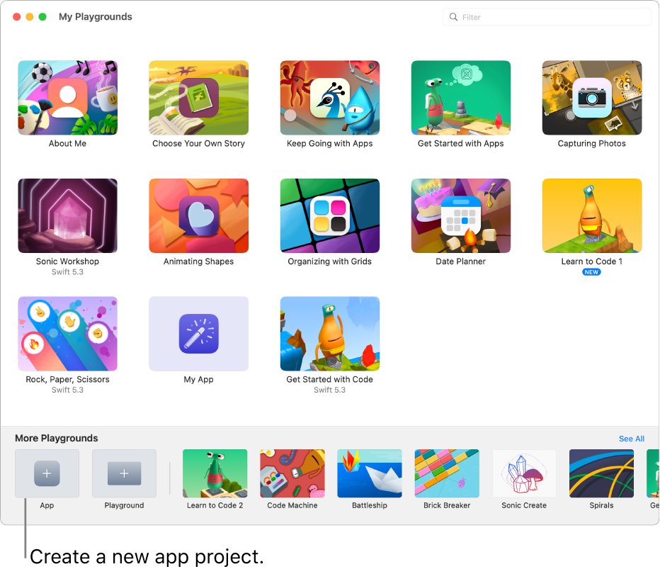 The My Playgrounds window. At the bottom left is the App button for creating a new app.