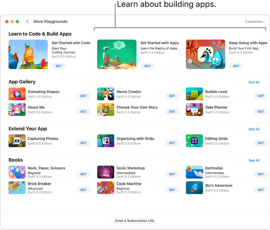 The More Playgrounds screen. At the top is the Learn to Code & Build Apps section, which includes two apps designed to help you learn how to build apps—Get Started with Apps and Keep Going with Apps. Each has a Get button you can click to download it.