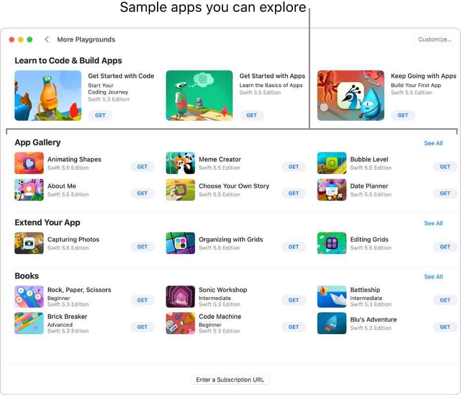 The More Playgrounds screen, showing the App Gallery section, with sample apps you can download and explore.