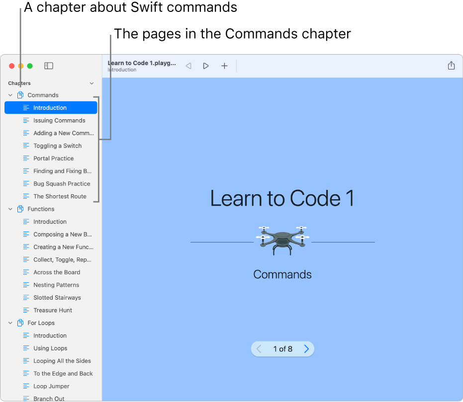 The first slide of the Introduction to the Commands chapter in the Learn to Code 1 playground. The sidebar is open, showing all the chapters and pages in the playground.