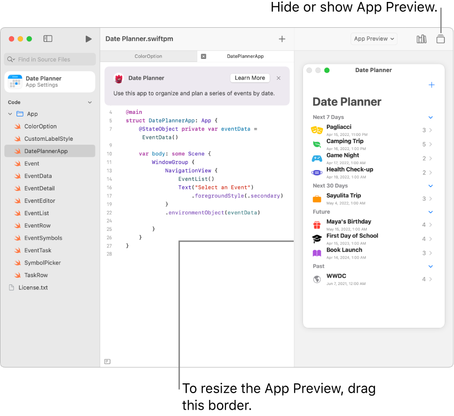 A story-writing app, showing sample code on the left and the result of the code in the App Preview on the right. Above the coding area is a brief description of the app, with a Learn More button you can click to find out more about the app.