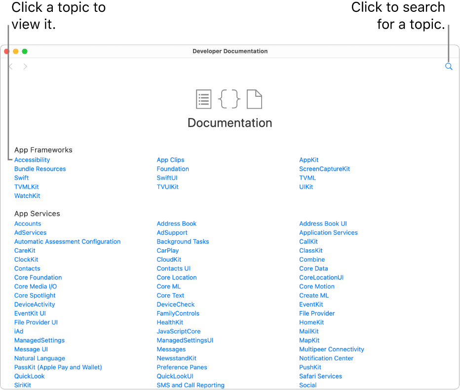 A playground page, showing the open Table of Contents page of the developer documentation on the right side. It shows the search icon and lists topics you can click to read.