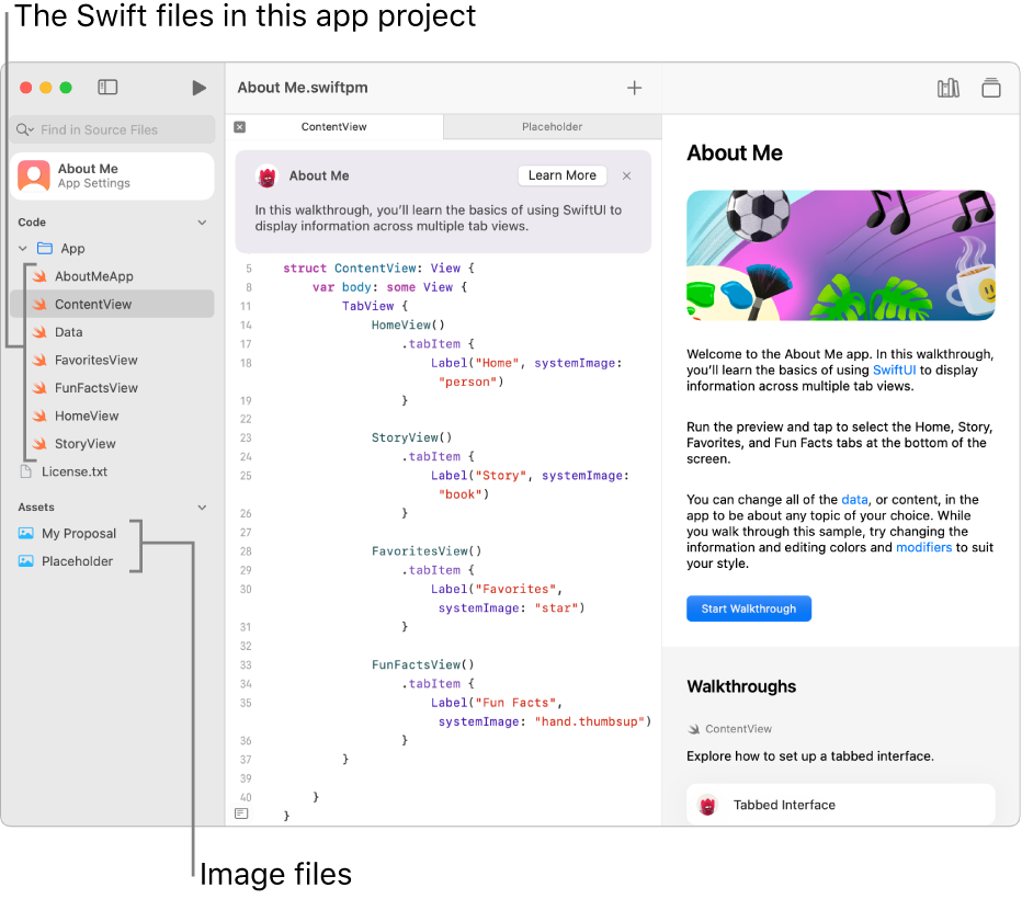 An app project with the Guide open in the right sidebar, showing the Start Walkthrough button. The left sidebar is open also, showing the Swift files and images in the project.