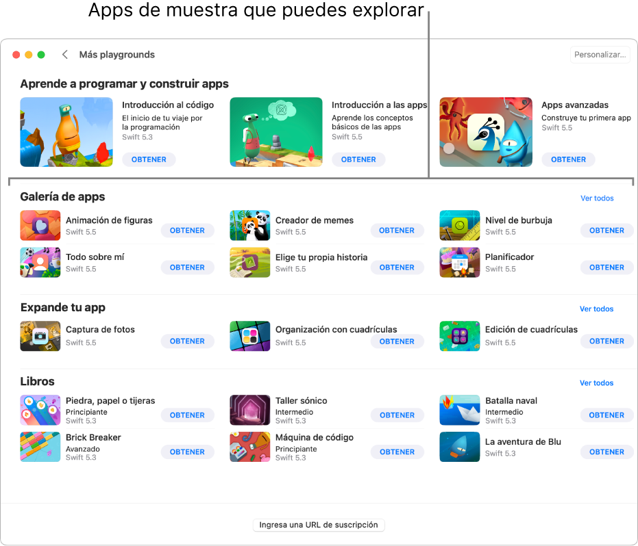 La pantalla Mis playgrounds mostrando la sección Galería de apps, con apps de ejemplo que puedes descargar y explorar.