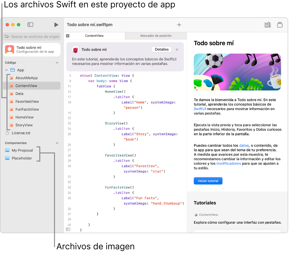 Un proyecto de app con la guía abierta en la barra lateral derecha, mostrando el botón Iniciar tutorial. La barra lateral izquierda también está abierta, y muestra los archivos de Swift e imágenes del proyecto.