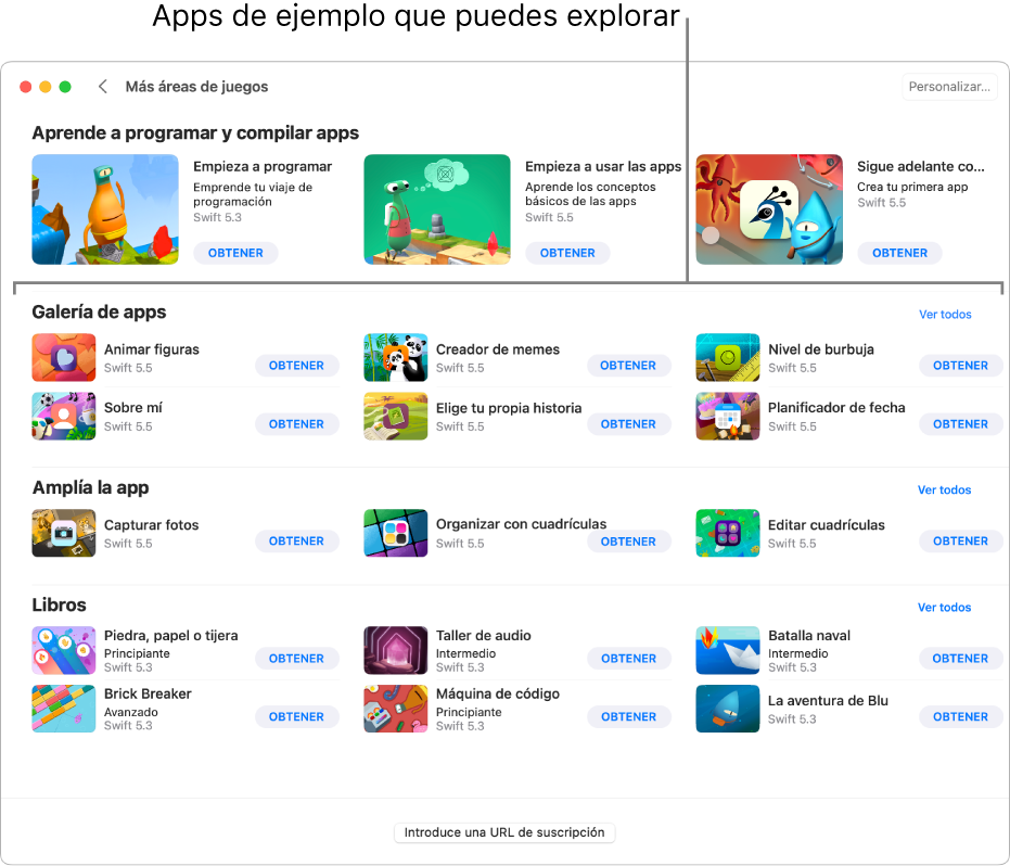 La pantalla “Más áreas de juegos”, con la sección “Galería de apps”, con apps de ejemplo que puedes descargar y explorar.