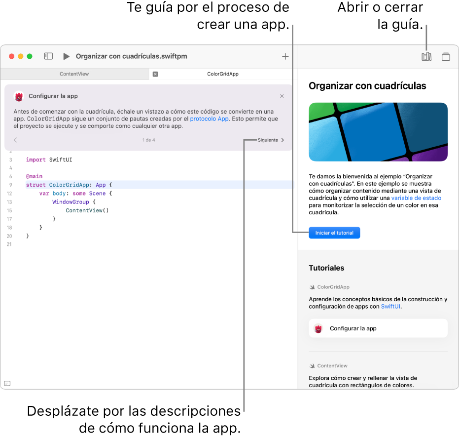 Un proyecto de app con el manual abierto en la barra lateral derecha con el botón “Iniciar el tutorial”. El código está a la izquierda; encima del código hay un panel de instrucciones con las instrucciones de la tarea.