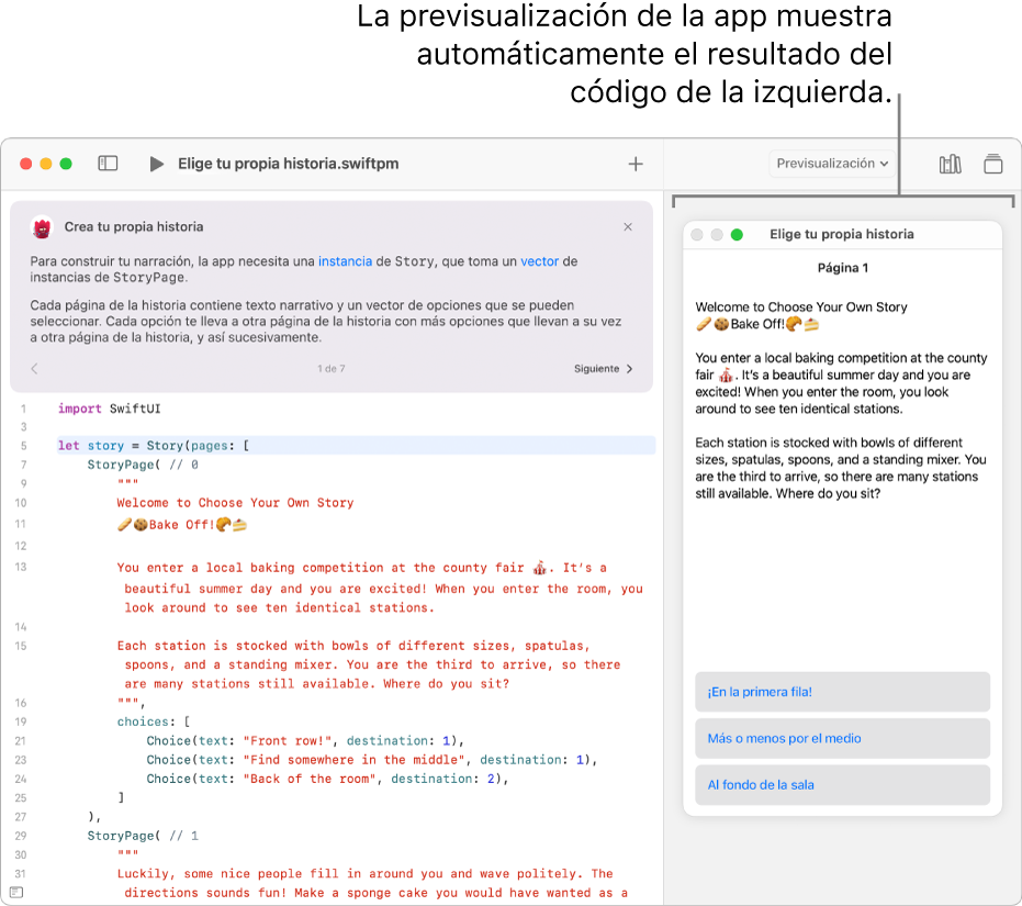 Una app para escribir cuentos, que muestra el código de ejemplo a la izquierda y el resultado del código en la previsualización de la app a la derecha. Encima del área de código hay una breve descripción de la app.