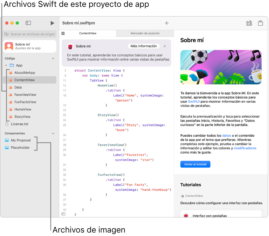 Un proyecto de app con el manual abierto en la barra lateral derecha con el botón “Iniciar el tutorial”. La barra lateral izquierda también está abierta con los archivos Swift y las imágenes del proyecto.