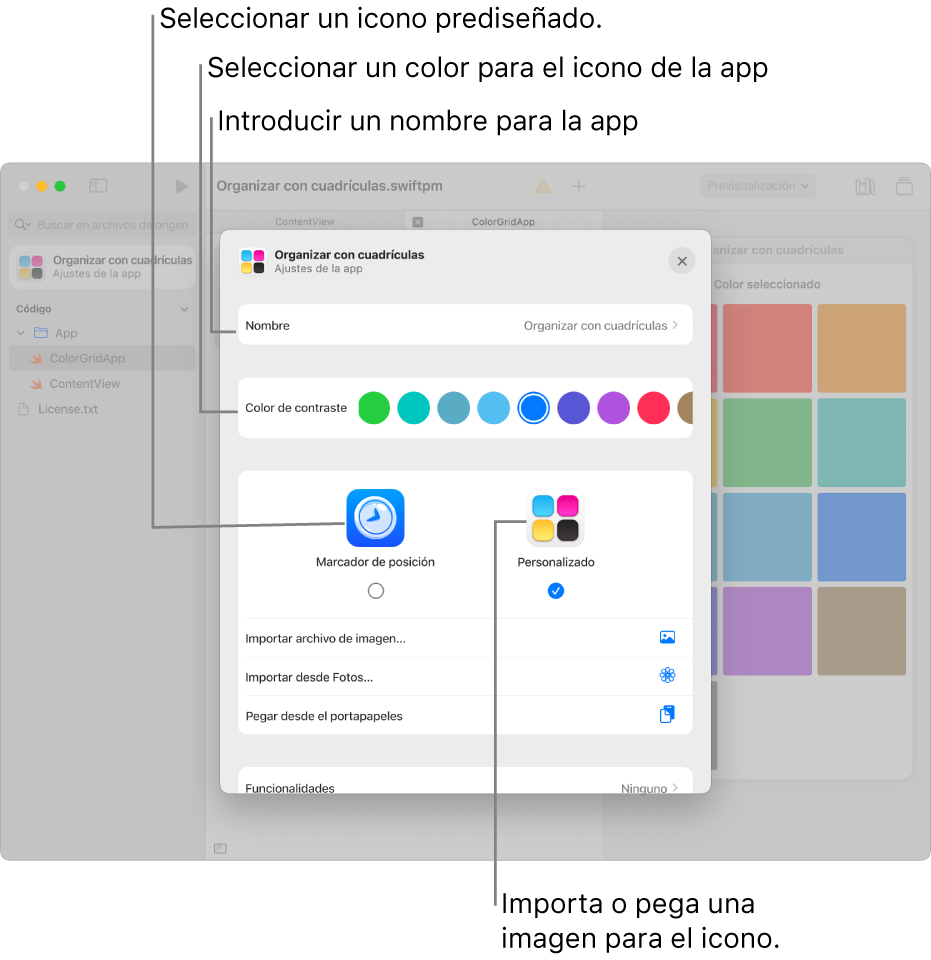 La ventana “Ajustes de la app”, que muestra un campo para el nombre de la app, las opciones de color y las opciones para seleccionado las ilustraciones a usar para el icono de la app.