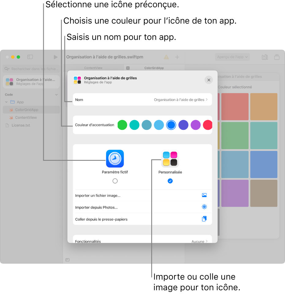 La fenêtre « Réglages de l’app » affichant un champ pour indiquer le nom de l’app, différents choix de couleur ainsi que des options permettant de sélectionner l’image de l’icône d’app.
