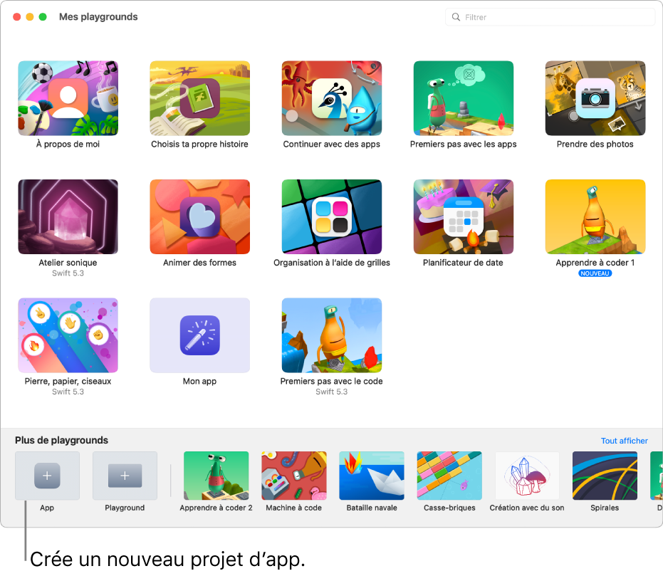 La fenêtre « Mes playgrounds ». En bas à gauche se trouve le bouton App, permettant de créer une app.
