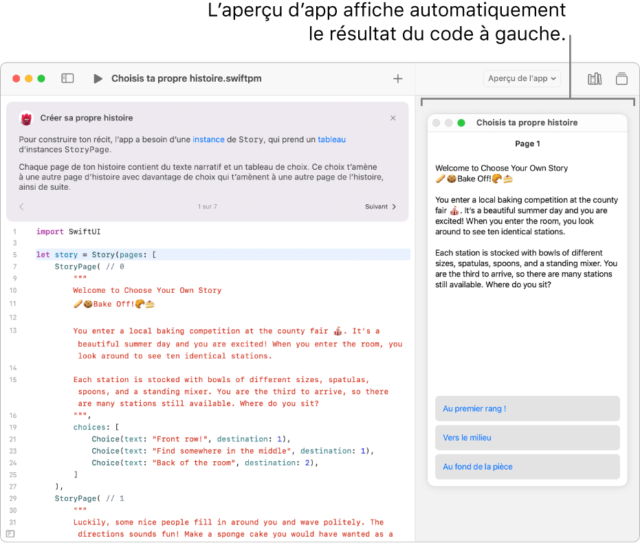 Une app de rédaction d’histoires, montrant des extraits de code à gauche et le résultat du code dans l’aperçu d’app à droite. Une courte description de l’app s’affiche en haut de la zone de codage.